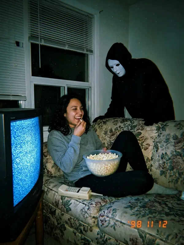 On the couch with popcorn while the masked figure leans over the sofa